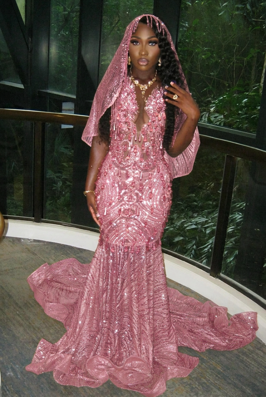 Candy pink v-neck beaded mermaid prom dress