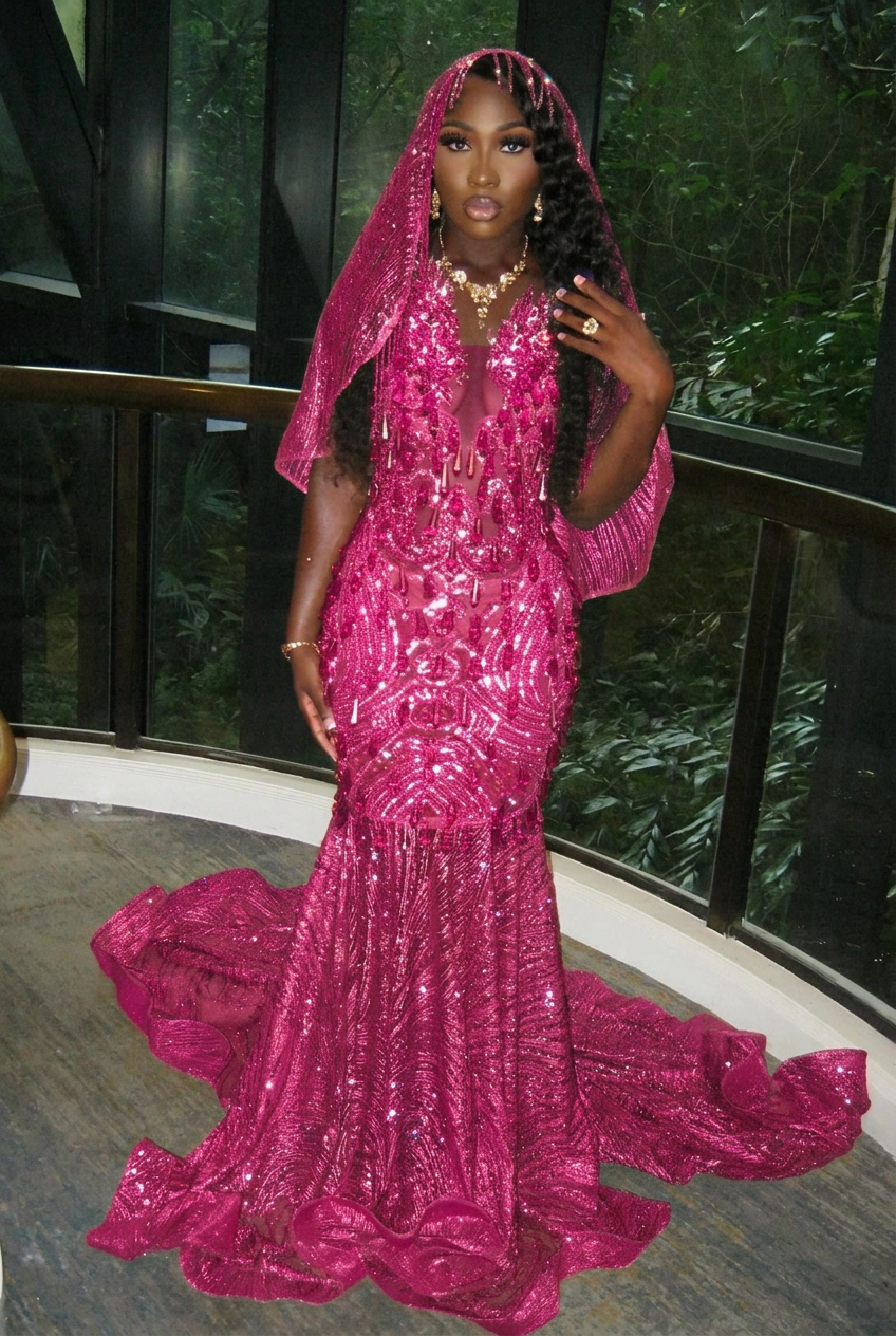 Fuchsia v-neck beaded mermaid prom dress