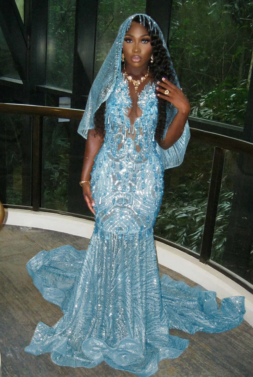 Light blue v-neck beaded mermaid prom dress