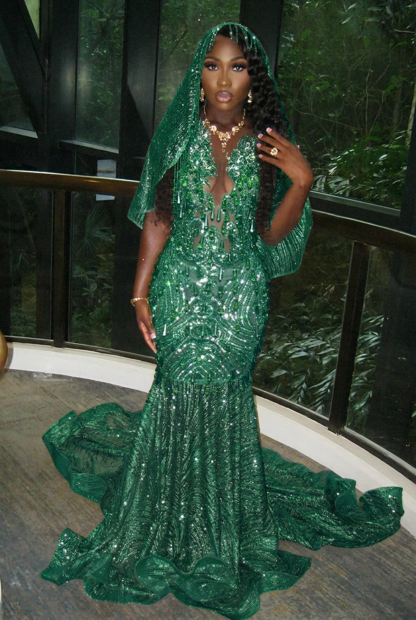 Emerald green v-neck beaded mermaid prom dress