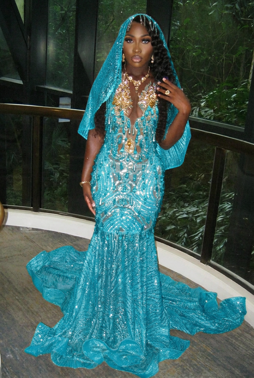 Turquoise v-neck beaded mermaid prom dress