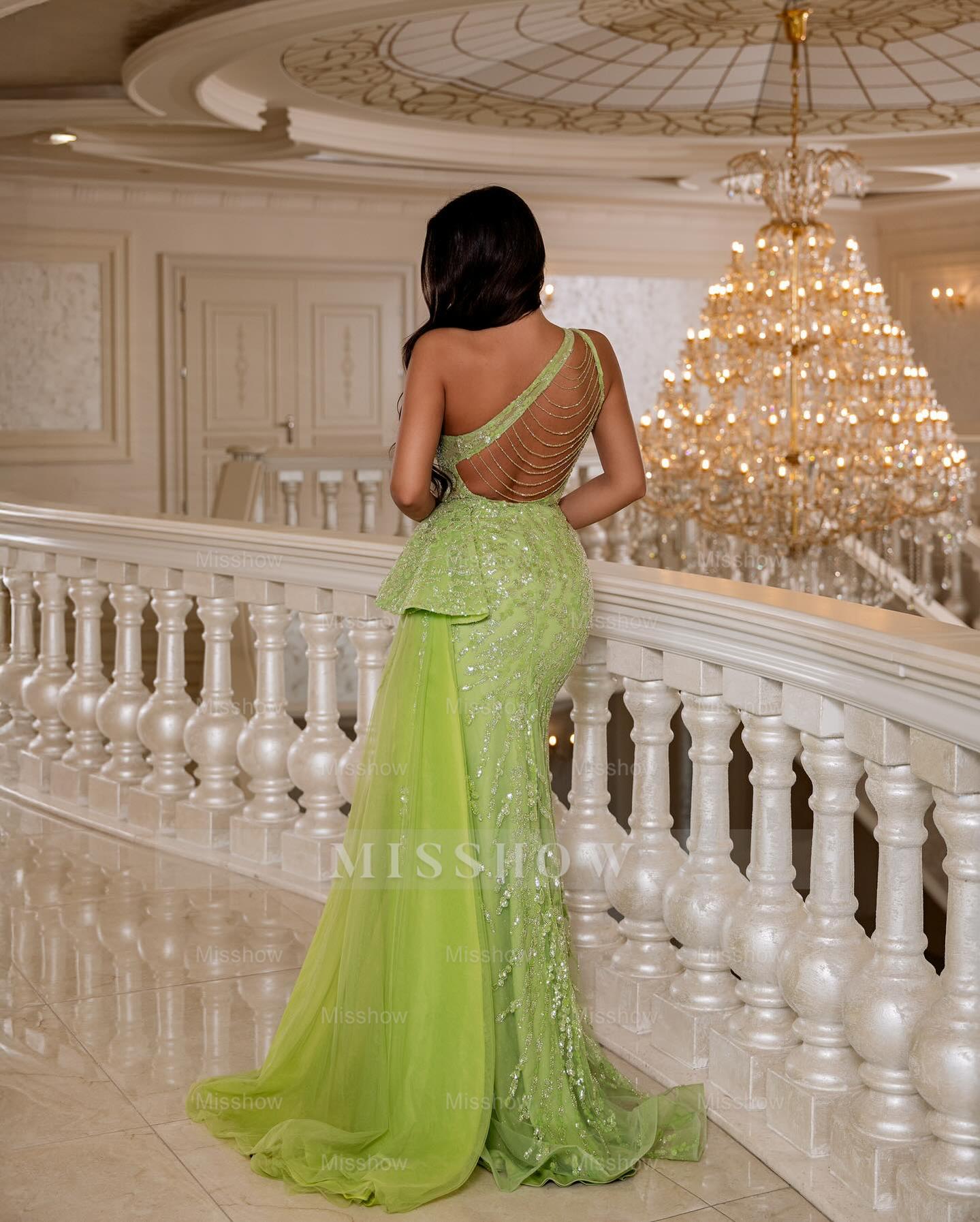 Beautiful Long Green One Shoulder Lace Beaded Sleeveless Prom Dress with Slit Beautiful Long Green One Shoulder Lace Beaded Sleeveless Prom Dress with Slit