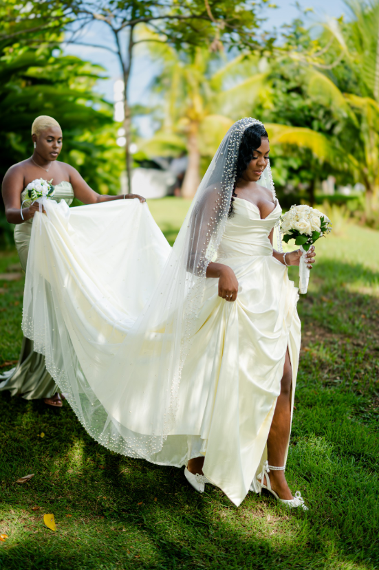 Beautiful Long Ivory A-line Strapless V-neck Split Front Wedding Dress with Ruffles