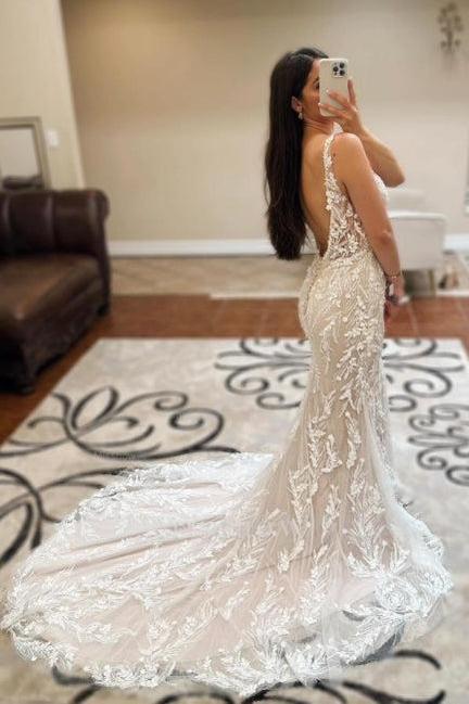 Beautiful Long Ivory Mermaid V-neck Sleeveless Lace Backless Wedding D misshow.com Beautiful Long Ivory Mermaid V-neck Sleeveless Lace Backless Wedding D misshow.com