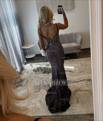 Beautiful Long Mermaid Black Spaghetti Straps Beaded Prom Dress