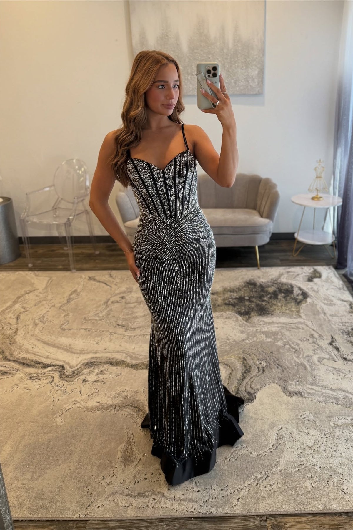 black embellished prom dress Black Beaded Lace Shimmering Tulle Prom Dresses Strapless Removable Puffed Sleeve 24125 Black / US12