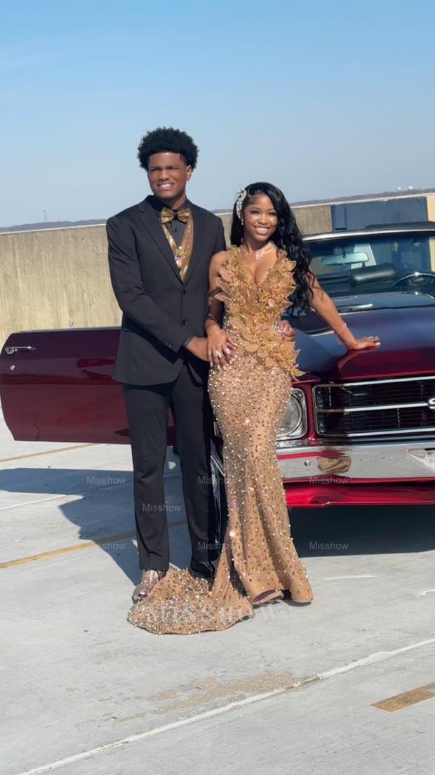 Beautiful Long Mermaid Gold Strapless Beaded Prom Dress with Pearls