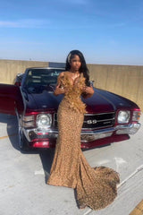 Beautiful Long Mermaid Gold Strapless Beaded Prom Dress with Pearls