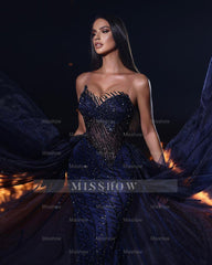 Dark navy sweetheart lace mermaid prom dress