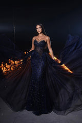 Dark navy sweetheart lace mermaid prom dress