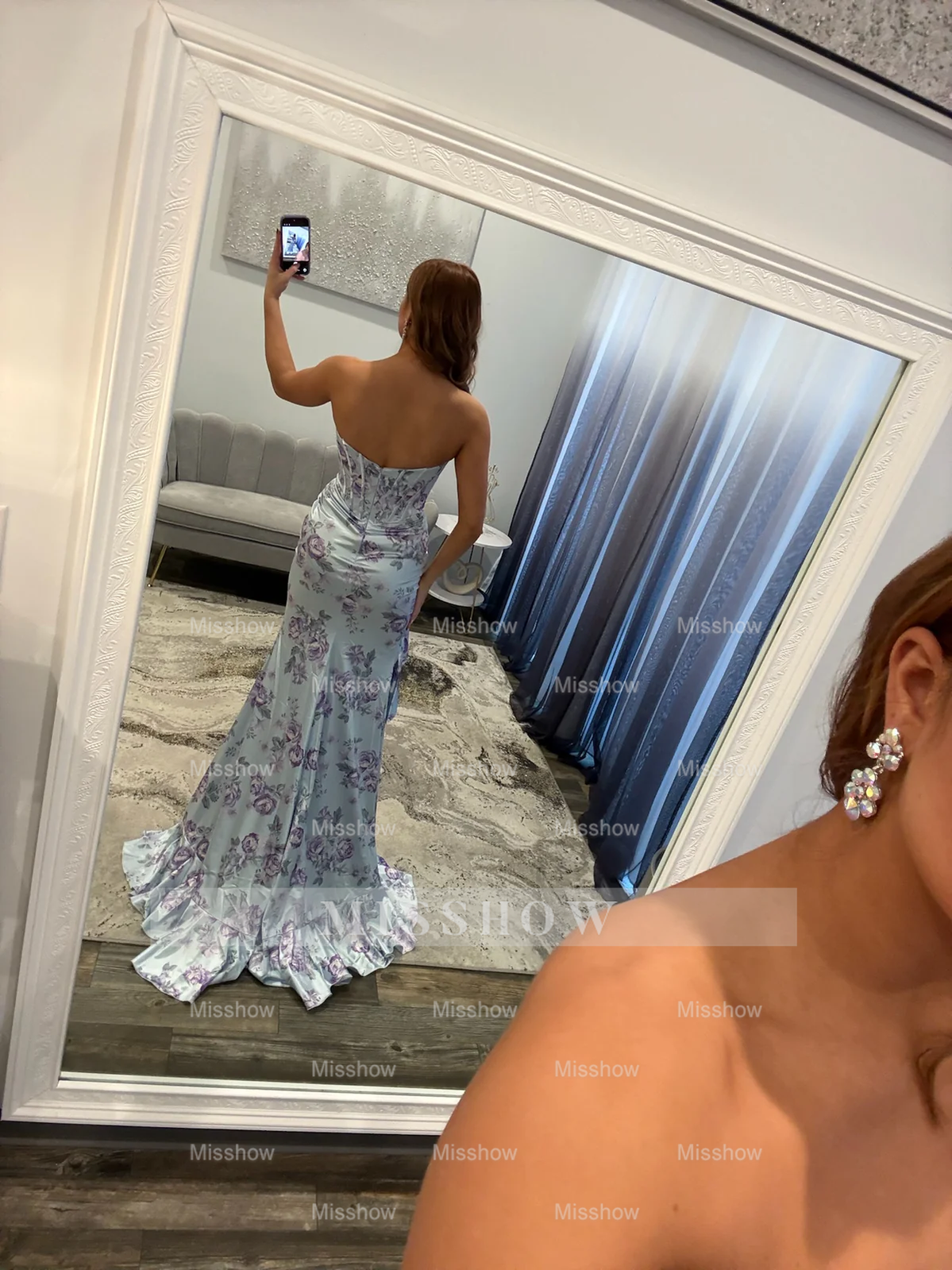 Beautiful Long Mermaid Strapless Floral Prom Dress with Slit