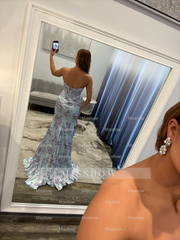 Beautiful Long Mermaid Strapless Floral Prom Dress with Slit