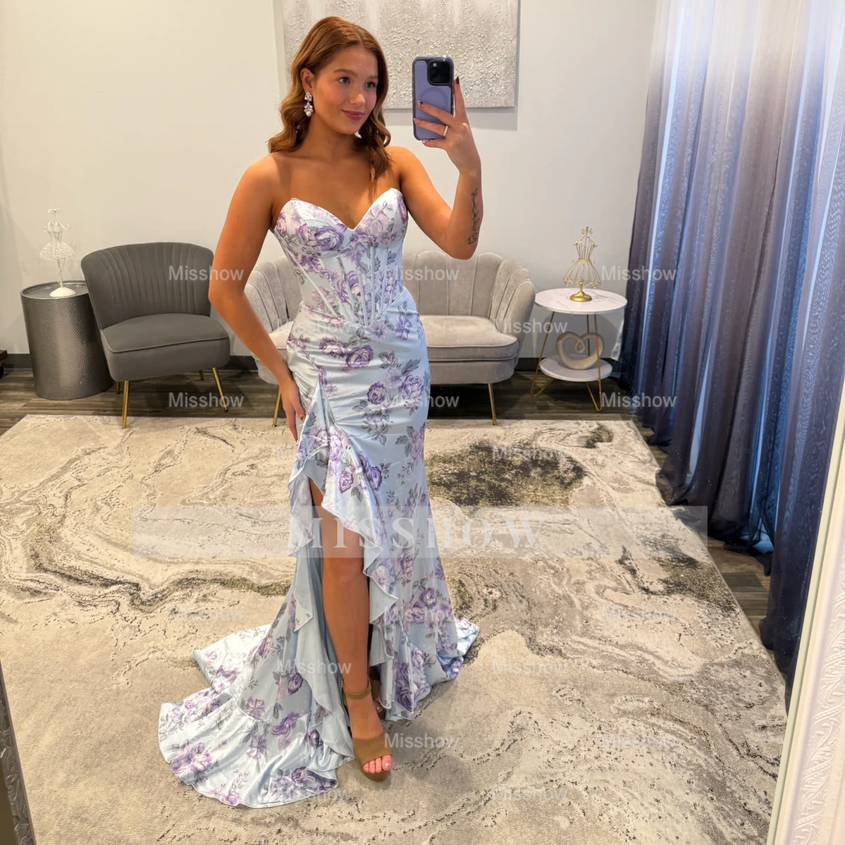 Beautiful Long Mermaid Strapless Floral Prom Dress with Slit