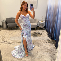 Beautiful Long Mermaid Strapless Floral Prom Dress with Slit