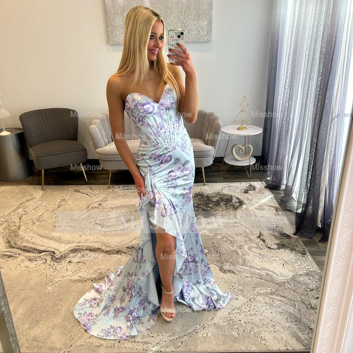 Beautiful Long Mermaid Strapless Floral Prom Dress with Slit