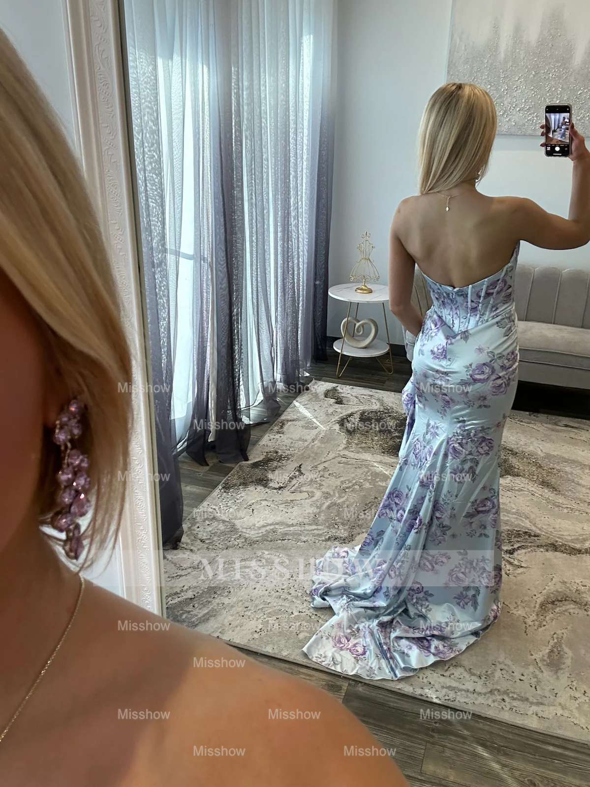 Beautiful Long Mermaid Strapless Floral Prom Dress with Slit