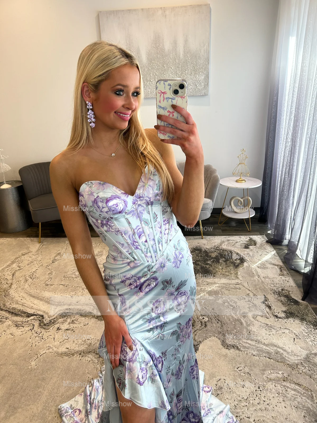 Beautiful Long Mermaid Strapless Floral Prom Dress with Slit