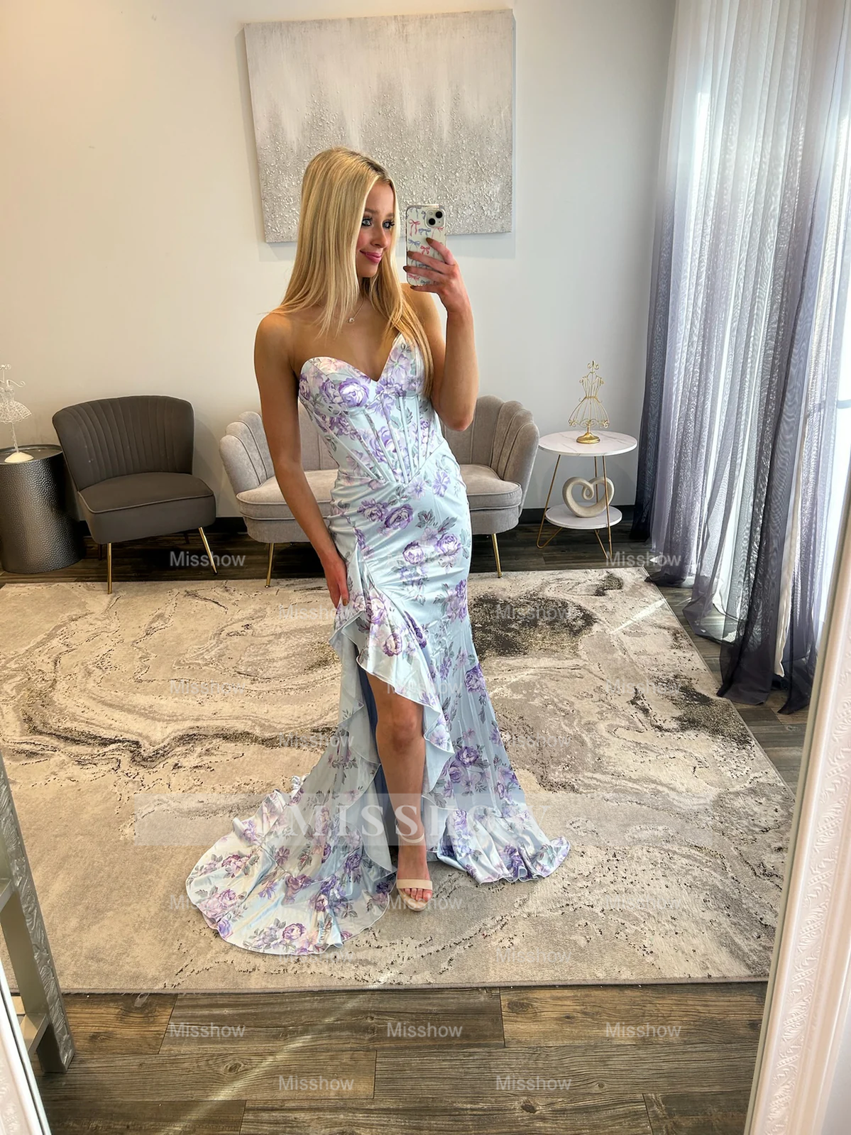 Beautiful Long Mermaid Strapless Floral Prom Dress with Slit