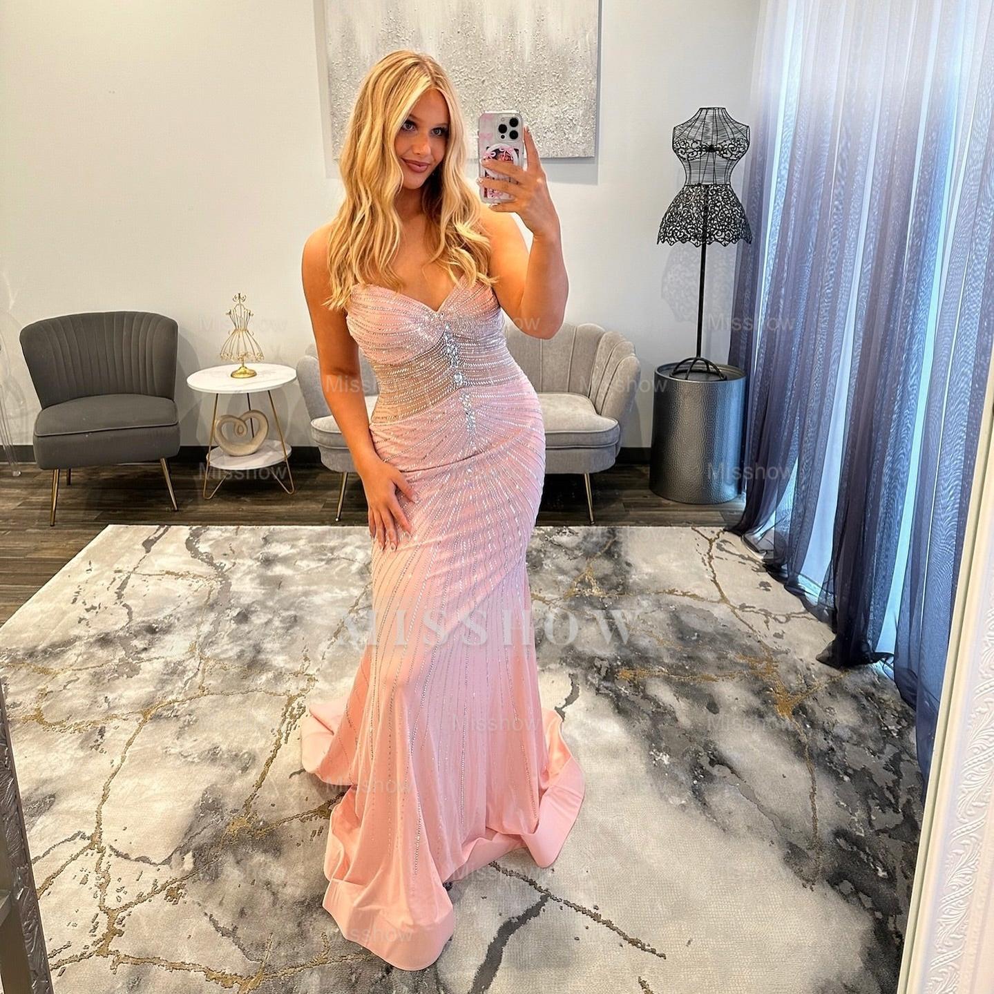 Beautiful Long Mermiad Pink Strapless Beaded Prom Dress