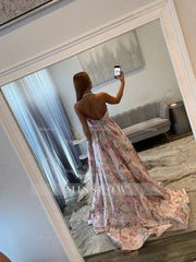 Beautiful Long Pink A-line Halter V-neck Floral Sleeveless Prom Dress with Slit