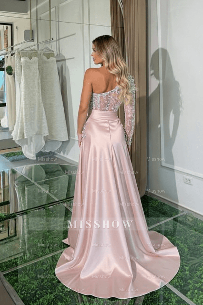 Pearl pink one shoulder glitter mermaid prom dress