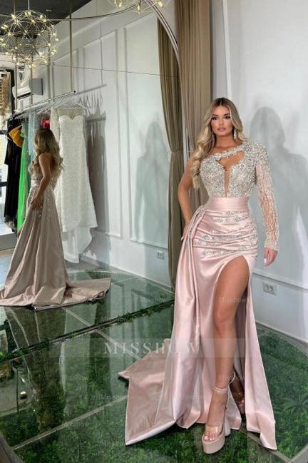 Pearl pink one shoulder glitter mermaid prom dress