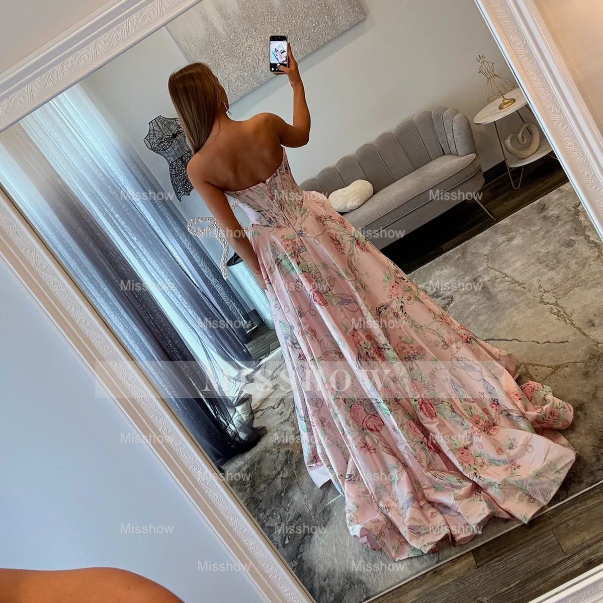 Beautiful Long Pink Floral A-line Prom Dress with Slit