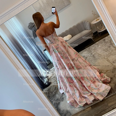 Beautiful Long Pink Floral A-line Prom Dress with Slit