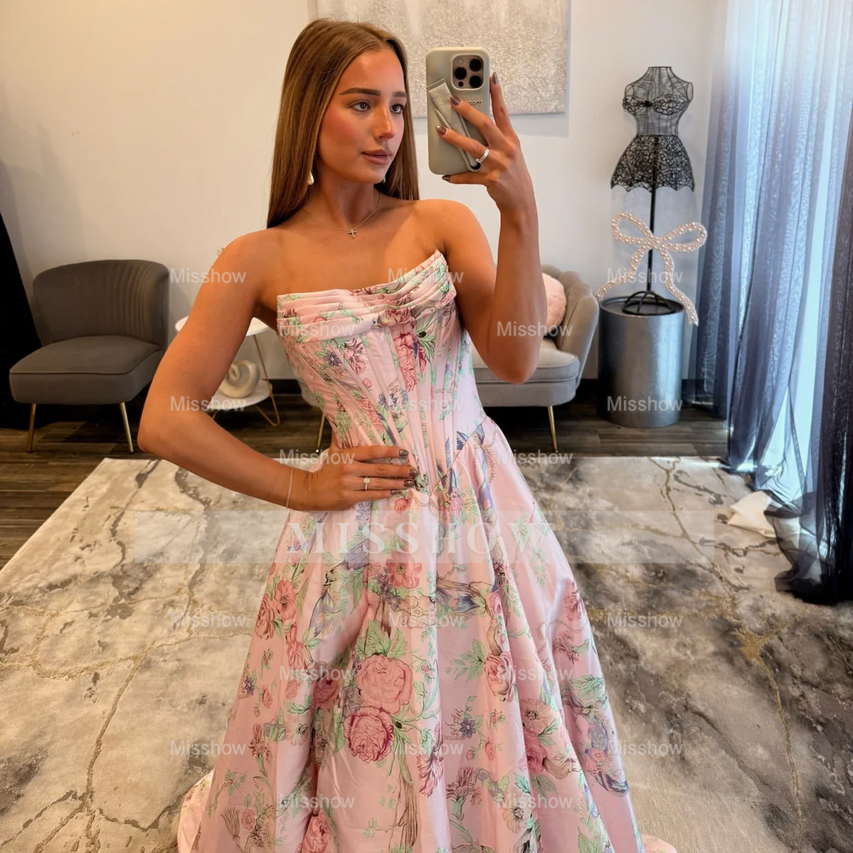 Beautiful Long Pink Floral A-line Prom Dress with Slit