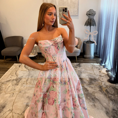 Beautiful Long Pink Floral A-line Prom Dress with Slit