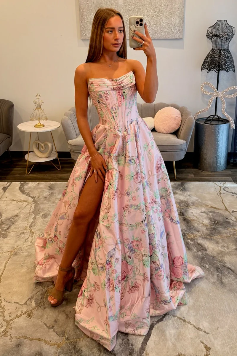 Beautiful Long Pink Floral A-line Prom Dress with Slit