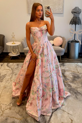 Beautiful Long Pink Floral A-line Prom Dress with Slit