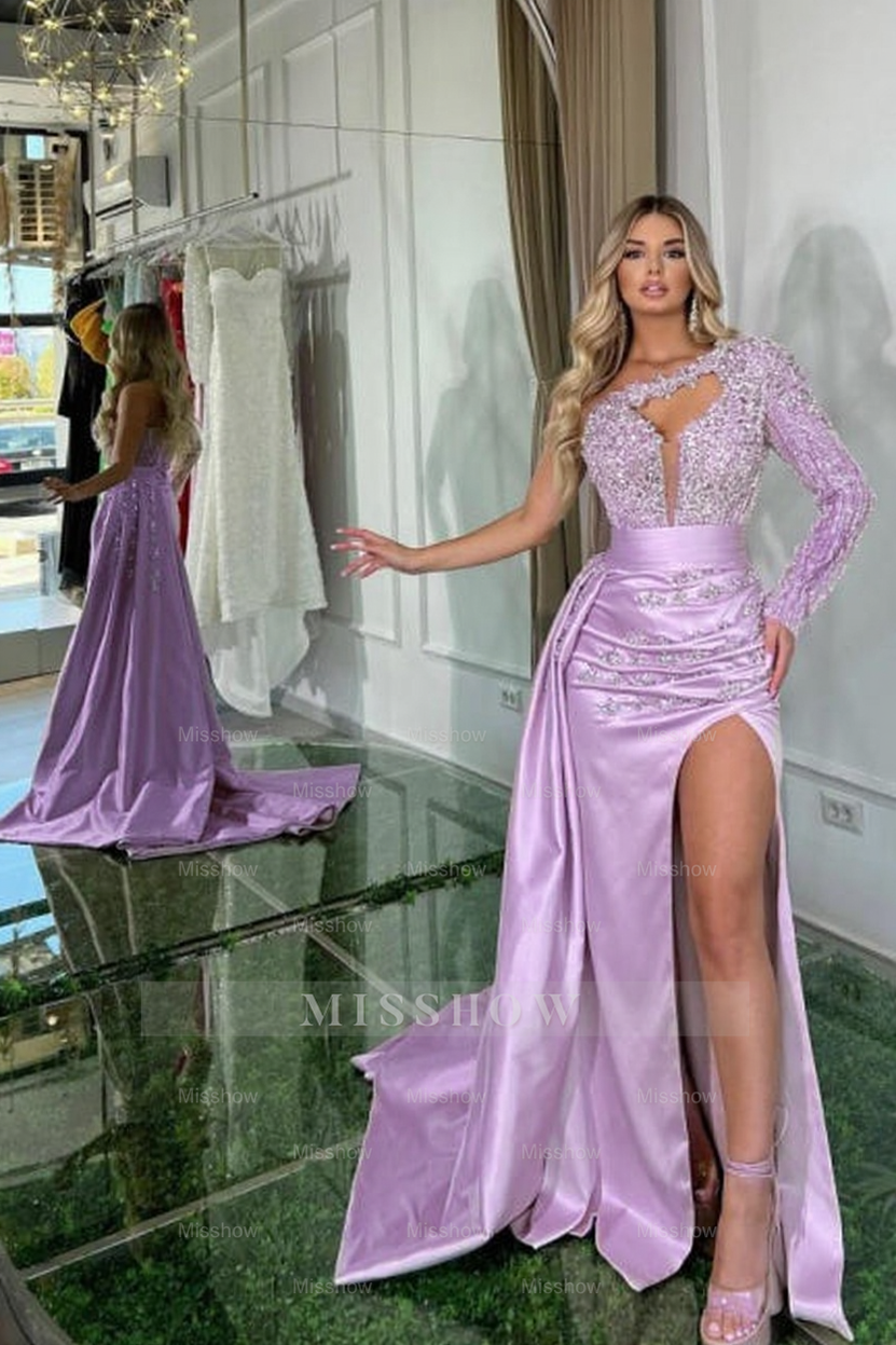 Beautiful Long Pink Mermaid One Shoulder Long Sleeve Glitter Prom Evening Dresses With Slit