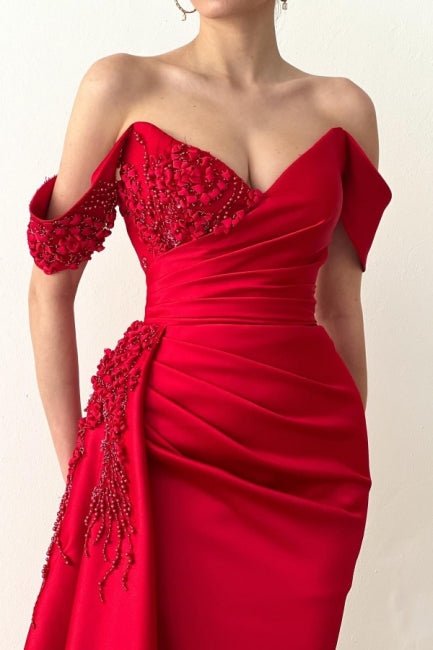 Beautiful Long Red Mermaid Off-the-shoulder Lace Prom Evening Dresses-misshow.com