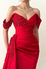 Beautiful Long Red Mermaid Off-the-shoulder Lace Prom Evening Dresses-misshow.com