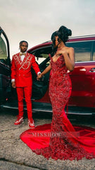 Beautiful Long Red Strapless Beaded Crystal V-neck Mermaid Prom Dress