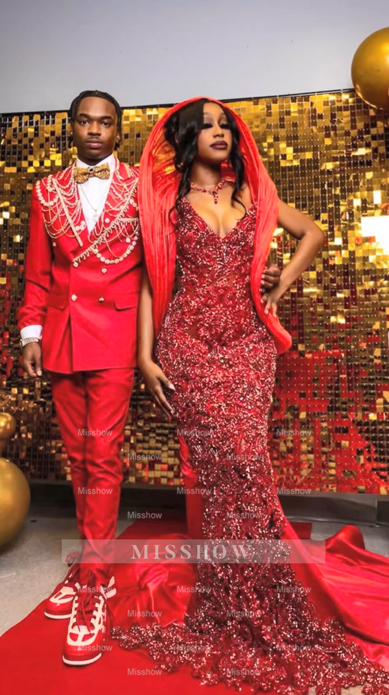 Beautiful Long Red Strapless Beaded Crystal V-neck Mermaid Prom Dress