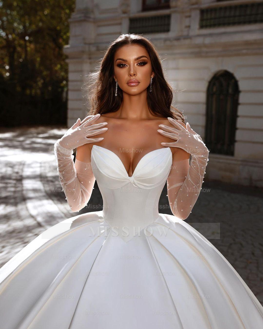White sweetheart satin ball gown wedding dress