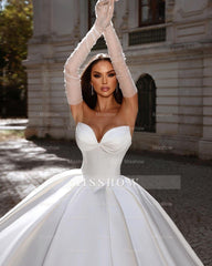 White sweetheart satin ball gown wedding dress