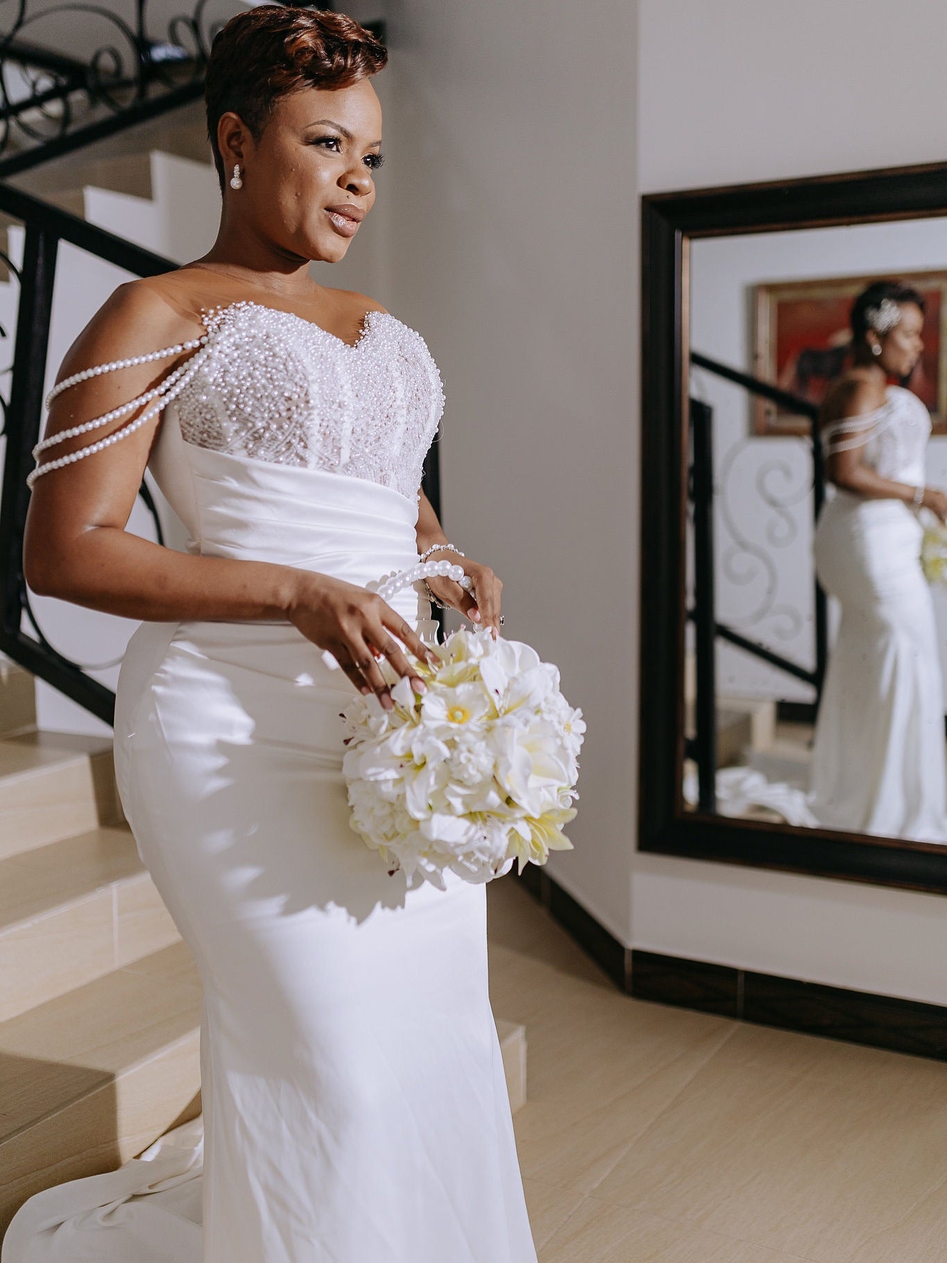 Beautiful Long White Beaded Mermaid Sleeveless Wedding Dress with Detachable Train