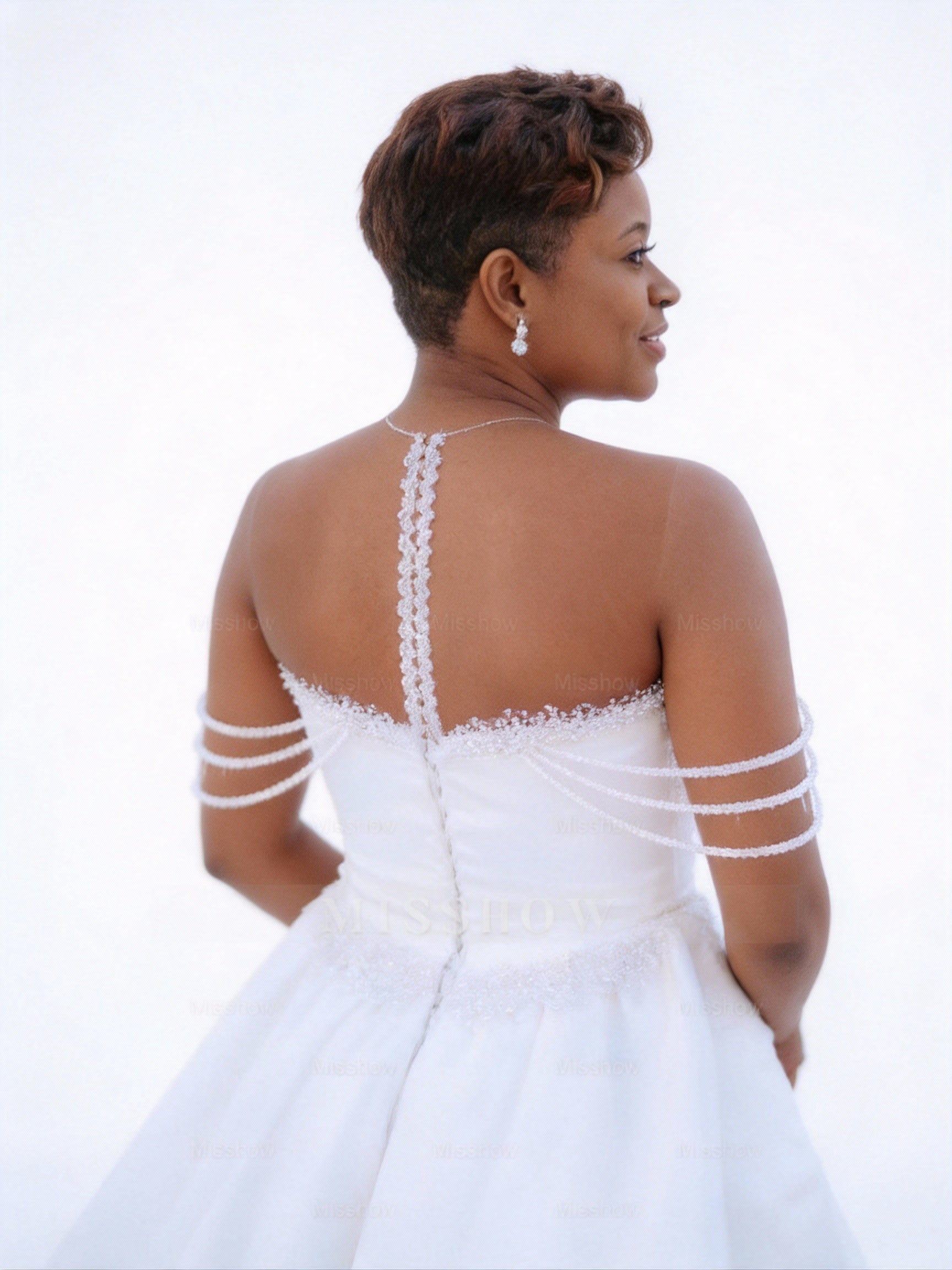 Beautiful Long White Beaded Mermaid Sleeveless Wedding Dress with Detachable Train