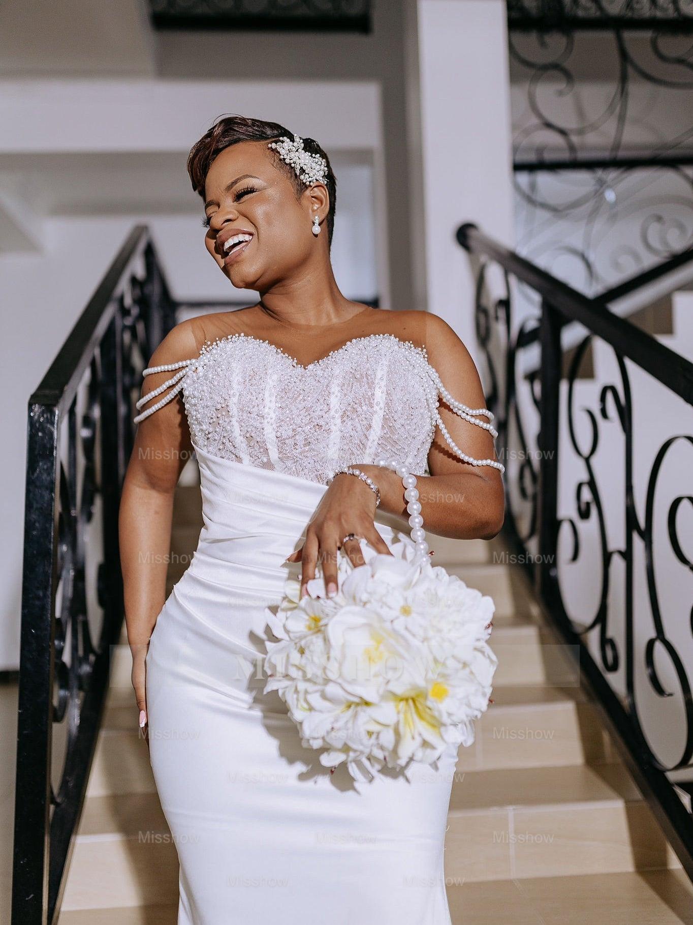 Beautiful Long White Beaded Mermaid Sleeveless Wedding Dress with Detachable Train Beautiful Long White Beaded Mermaid Sleeveless Wedding Dress with Detachable Train