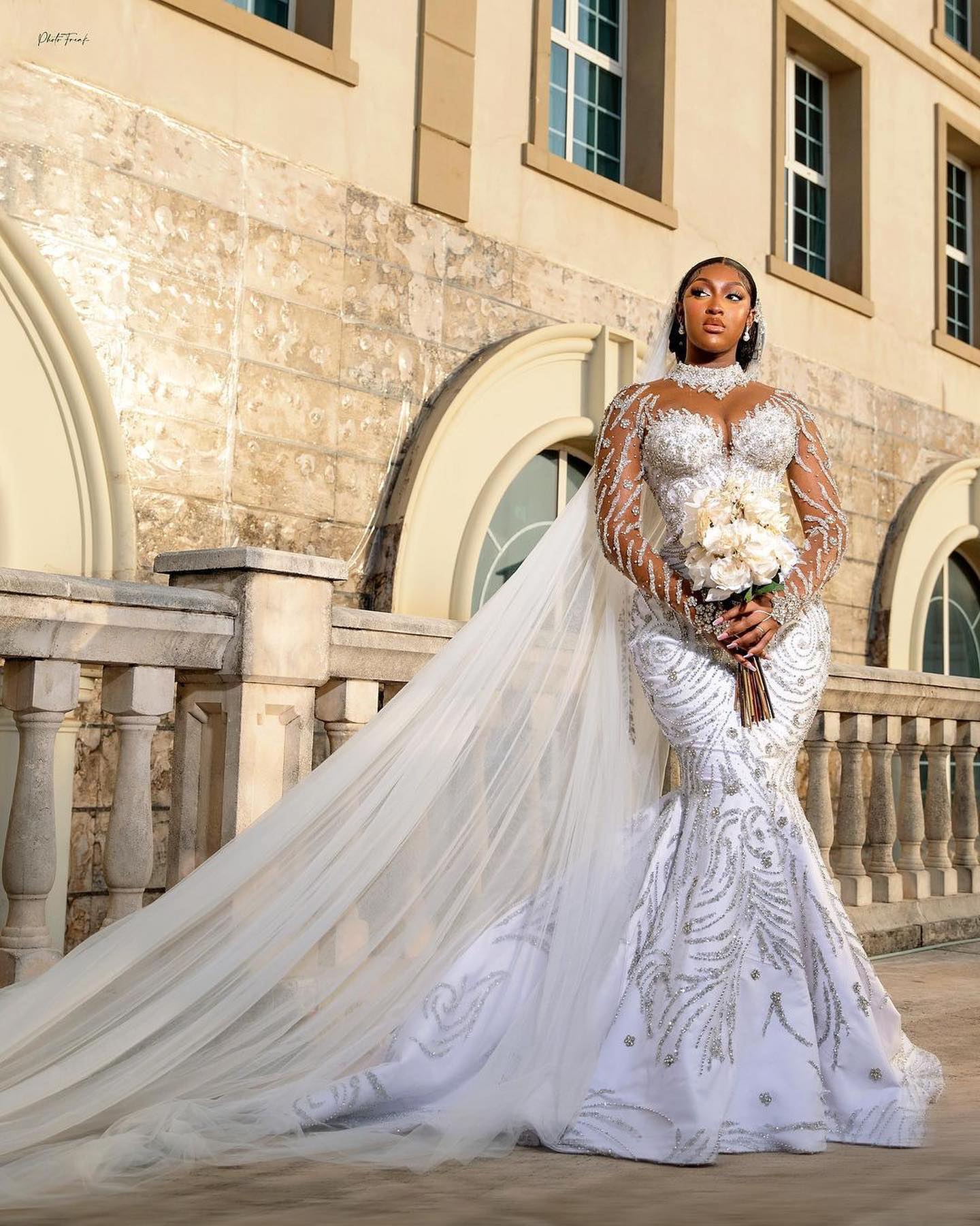 Beautiful Long White Mermaid Crystal Beaded Wedding Dress with Long Sleeves