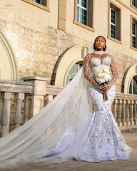 Beautiful Long White Mermaid Crystal Beaded Wedding Dress with Long Sleeves