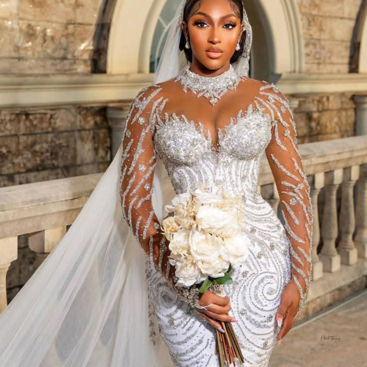 Beautiful Long White Mermaid Crystal Beaded Wedding Dress with Long Sleeves