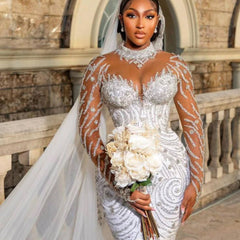 Beautiful Long White Mermaid Crystal Beaded Wedding Dress with Long Sleeves