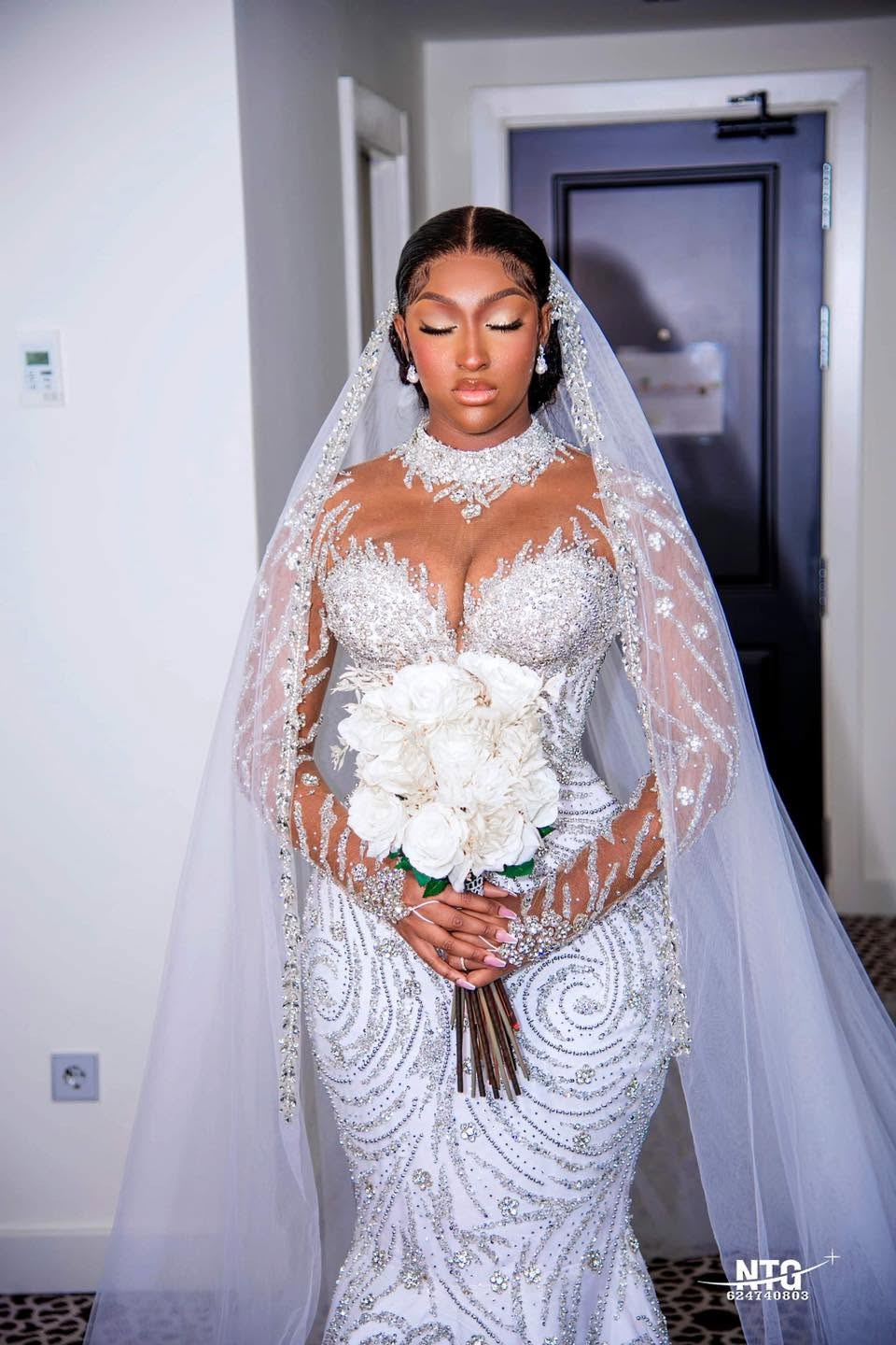 Beautiful Long White Mermaid Crystal Beaded Wedding Dress with Long Sleeves