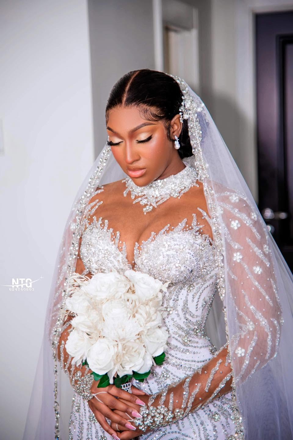 Beautiful Long White Mermaid Crystal Beaded Wedding Dress with Long Sleeves