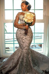 Beautiful Long White Mermaid Crystal Beaded Wedding Dress with Long Sleeves