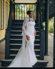 Beautiful Long White Mermaid Lace Long Sleeves Wedding Dress with Bow